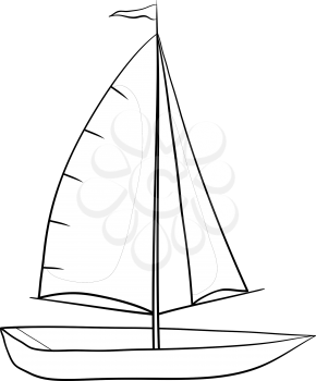 Sailing boat with a flag on the mast, monochrome contours on white background. Vector illustration
