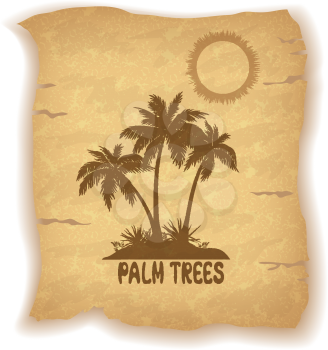Tropical Landscape, Sea Island with Palm Trees and Grass, Sun and Inscription Silhouettes on Vintage Background of an Old Sheet of Paper. Eps10, Contains Transparencies. Vector