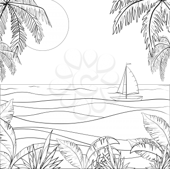 Sailing ship floating in the sea, the view from a tropical island, contours. Vector