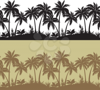Palm trees, flowers and grass, black and brown isolated silhouettes, set seamless patterns. Vector
