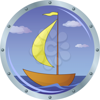 Window porthole with the ship floating on the sea and the blue sky with clouds