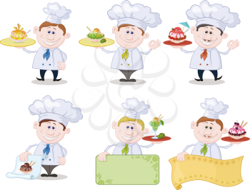 Set Cartoon Cooks Chefs with Ice Cream and a Blank Posters for Advertising Texts, Isolated on White Background. Eps10, Contains Transparencies. Vector