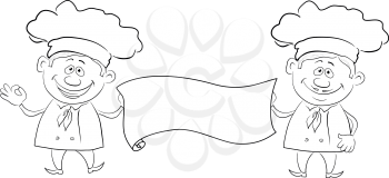 Cartoon cooks - chef with blank banner for your text, black contour on white background. Vector