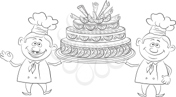 Cartoon character cooks - chefs with sweet holiday cake, black contour on white background. Vector