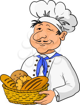 Cartoon cook chef baker with a basket of fresh bread isolated on white background. Vector