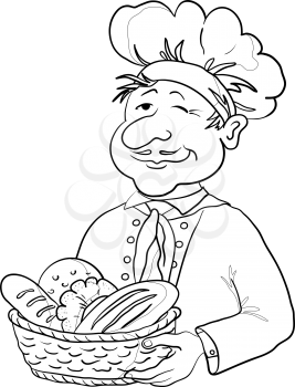 Cartoon cook baker in a cap with a basket of tasty newly baked bread black contours isolated on white background. Vector