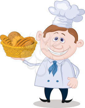 Cartoon cook - chef with a basket of fresh bread, isolated on white background. Vector