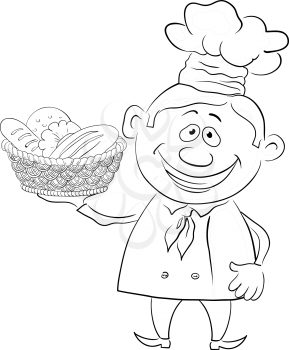 Cartoon cook - chef with a basket of bread, black contour on white background. Vector illustration