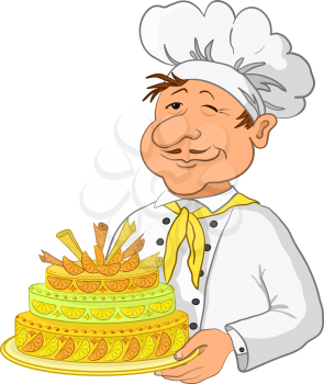 Cartoon cook chef with sweet holiday cake isolated on white background. Vector