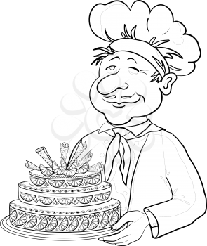 Cartoon men cook with holiday cake, monochrome contours