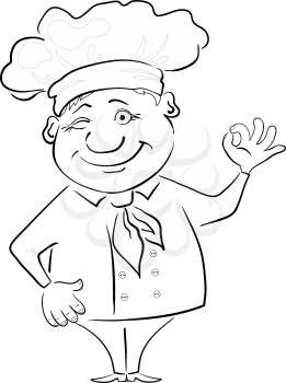 Cartoon cook - chef showing ok hand sign, black contour on white background. Vector