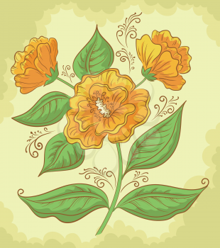 Abstract symbolical orange flower with green leaves. Vector illustration