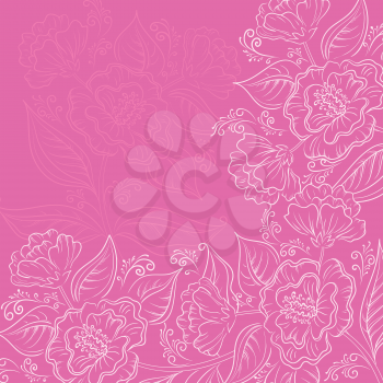Abstract floral pattern with white outline symbolical flowers on pink background. Vector