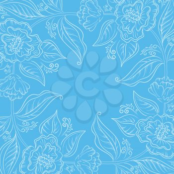 Abstract floral pattern with white outline symbolical flowers on blue background. Vector