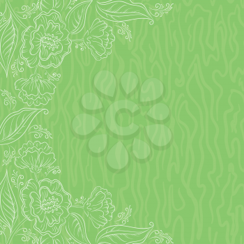 Abstract floral pattern with white outline symbolical flowers on green background. Vector