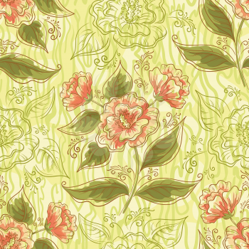 Seamless Background, Symbolical Red Orange Flowers, Green Leaves, Contours and Abstract Pattern. Eps10, Contains Transparencies. Vector