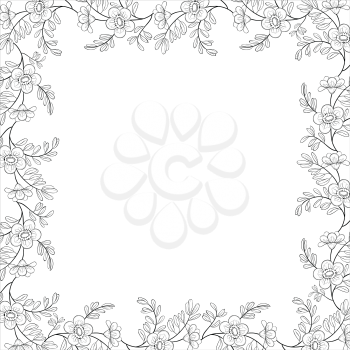 Floral Pattern, Frame of Flowers and Leafs, Black Contours Isolated on White Background. Vector