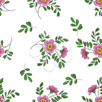 Seamless floral background, symbolical flowers and leafs on white. Vector