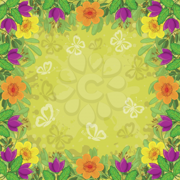 Floral background, pattern of flowers, green leafs and butterflies. Eps10, contains transparencies. Vector