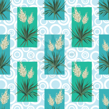 Seamless floral background, Yucca flowers, abstract pattern with blue green rectangles and rings. Vector