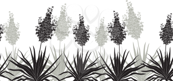 Horizontal Seamless of Flowers and Plants Yucca, Black Silhouette Isolated on White Background. Vector