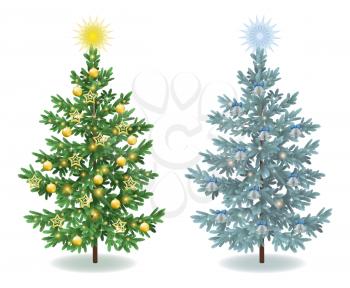 Christmas holiday spruce fir trees with ornaments, balls, bells and stars isolated on white background. Eps10, contains transparencies. Vector
