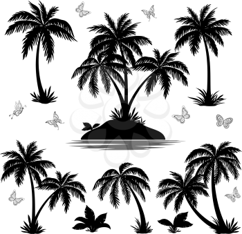 Tropical Set, Sea Island with Plants, Palm Trees, Exotic Flowers and Butterflies Black Silhouettes Isolated on White Background. Vector