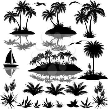 Tropical Set, Sea Island with Palm Trees, Plants, Flowers, Birds Gulls and Ship, Black Silhouettes Isolated on White Background. Vector
