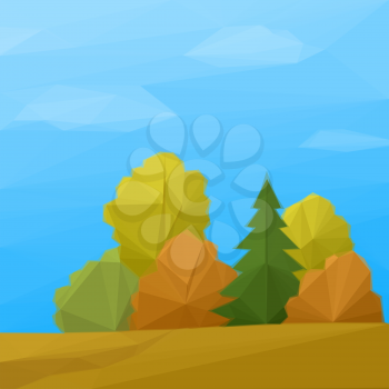 Low Poly Landscape, Autumn Forest with Coniferous and Deciduous Trees and Blue Sky with Clouds. Vector