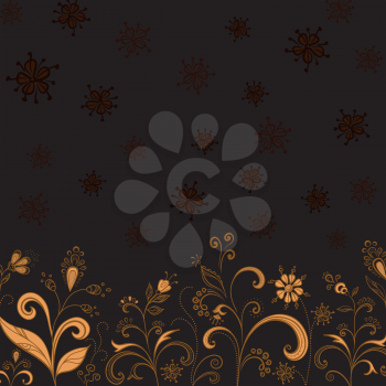 Abstract floral background, symbolical gold flowers on black. Vector