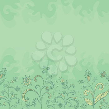 Symbolical flowers and leaves on a green background. Vector