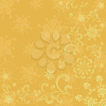 Abstract floral background, outline flowers and leaves on a yellow. Vector