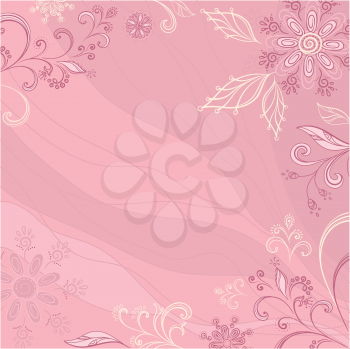 Abstract pink background with a symbolical outline flowers and leaves. Vector