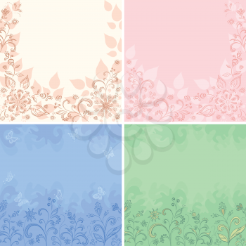 Set abstract floral backgrounds, symbolical flowers, butterflies and leaves. Vector