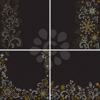 Set abstract floral backgrounds: symbolical outline flowers and leaves on a black. Vector