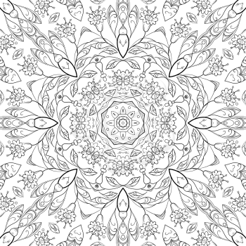 Seamless Symbolical Floral Pattern, Black Contours Isolated on White Background. Vector