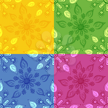 Set abstract colorful seamless floral backgrounds, patterns of symbolical flowers and leaves. Eps10, contains transparencies. Vector