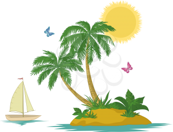 Ship, sun, tropical sea island with palm trees, flowers and butterflies, isolated on white background. Vector
