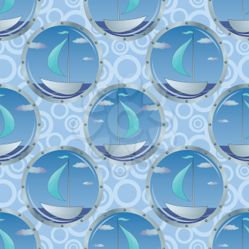 Seamless Background, Portholes with the Ships Floating on the Sea. Vector