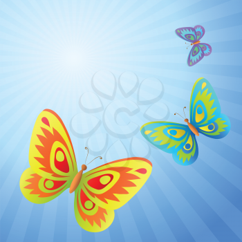 Butterflies fly in the blue summer solar sky. Vector