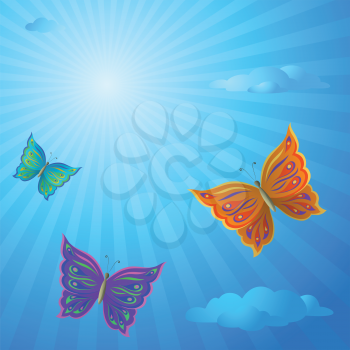 Butterflies fly in the blue summer solar sky. Vector