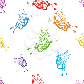 Seamless pattern, symbolical butterflies, coloured contours on a white background. Vector