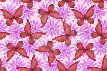 Seamless Background, Floral Pattern, Colorful Red Butterflies and Lilac Flowers. Vector