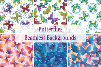 Set Seamless Backgrounds, Patterns of Symbolical Colorful Butterflies. Eps10, Contains Transparencies. Vector
