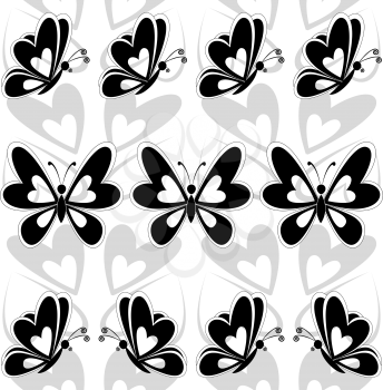 Seamless Background, Butterflies Black Silhouettes on White Background. Vector