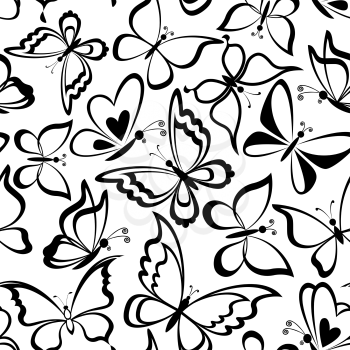Seamless background, butterflies black silhouettes on white background. Vector