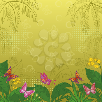 Butterflies, Flowers and Palm Leaves Color and Contours. Eps10, Contains Transparencies. Vector