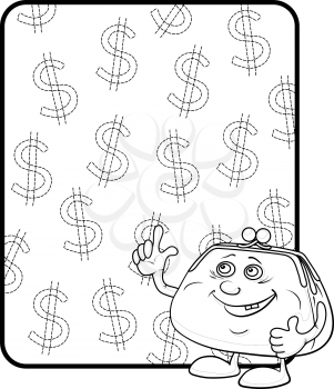 Smiling purse shows the thumb up against the background of the poster with dollars, contours. Vector