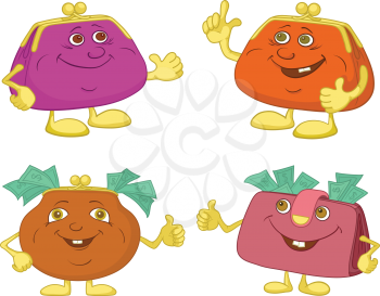Set cartoon smiling money with dollars purses showing thumbs up. Vector