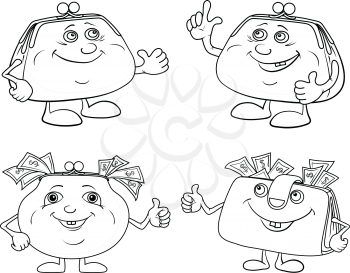 Set cartoon smiling money with dollars purses showing thumbs up, black contour on white background. Vector